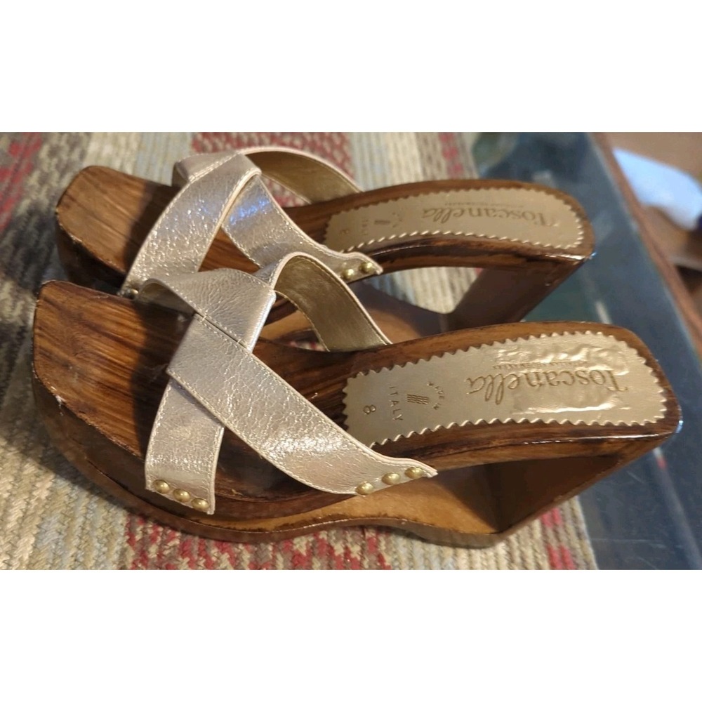 Y2K Silver Wooden Platform Clogs - US Size 8 Made In Italy Toscanella Shoemakers